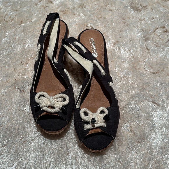 Sperry Nautical Navy Open Toed Wedges. Size 10. - Picture 8 of 8